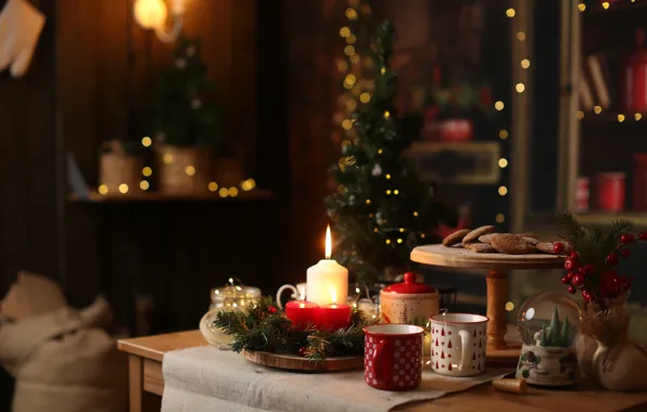 Candle, cookies, Christmas, New year, mugs, Lyubov Pyatovskaya