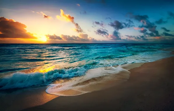 Sand, sea, beach, the sky, the sun, landscape, sunset, nature