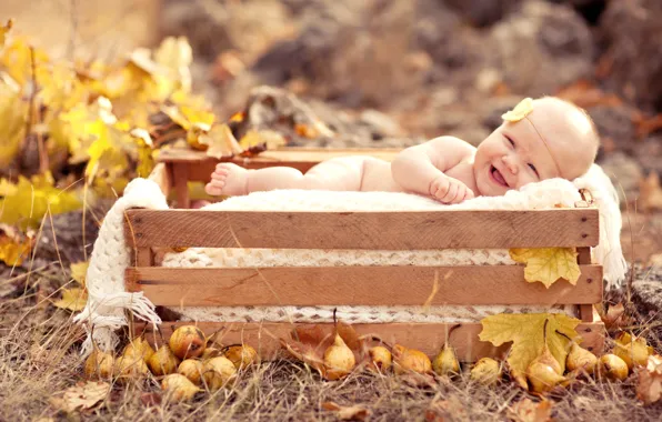 Autumn, leaves, children, smile, child, laughter, baby, pear