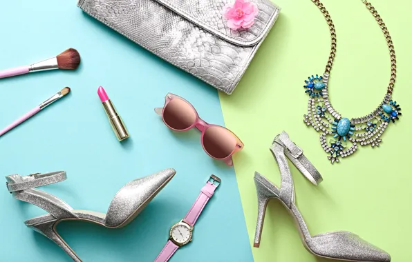 Summer, style, watch, glasses, necklace, accessories, clutch, lipstick