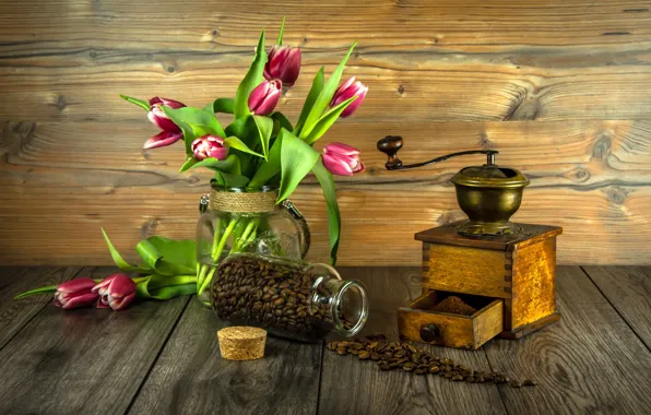 Flowers, bouquet, tulips, wood, coffee beans, flowers, tulips, coffee