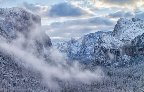 Winter, forest, mountains, valley, CA, California, Yosemite Valley, Yosemite national Park