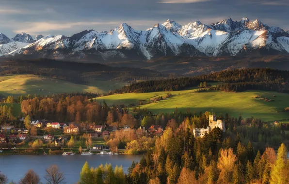 Autumn, forest, light, snow, mountains, castle, shore, tops