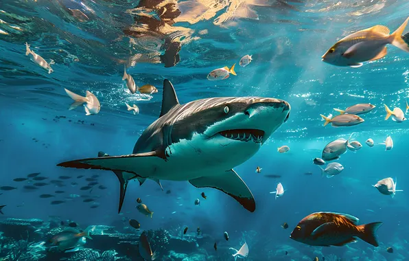 Fish, Shark, Face, Predator, Underwater world, Digital art, AI art, The Art of Artificial Intelligence