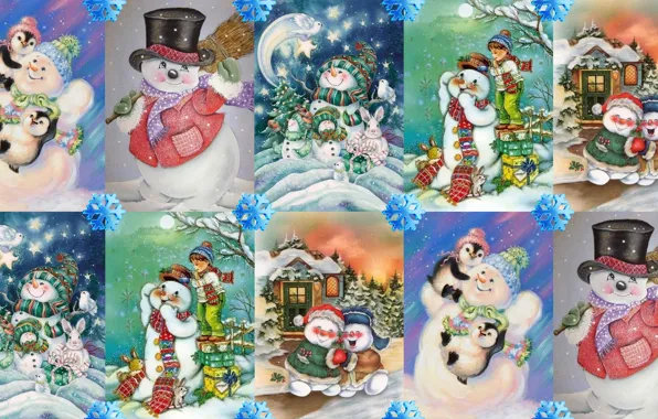 Winter, mood, holiday, art, New year, snowman, snowflake, children's