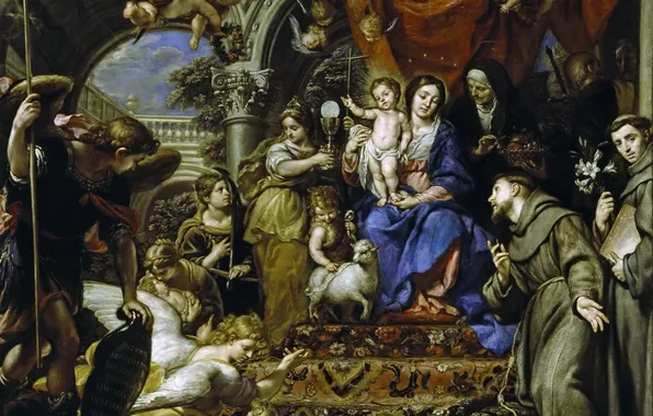 Picture picture, religion, mythology, Surrounded by the Christian Virtues and Saints, The Madonna and child, Claudio …