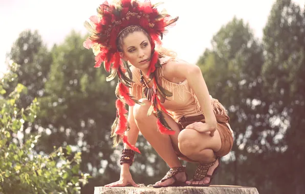 Look, girl, hair, stump, feathers