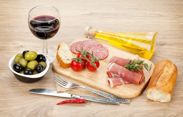 Wine, glass, oil, bread, Board, tomatoes, olives, sausage