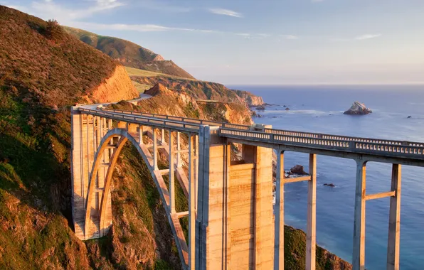 Picture the sky, clouds, landscape, sunset, mountains, bridge, nature, the ocean