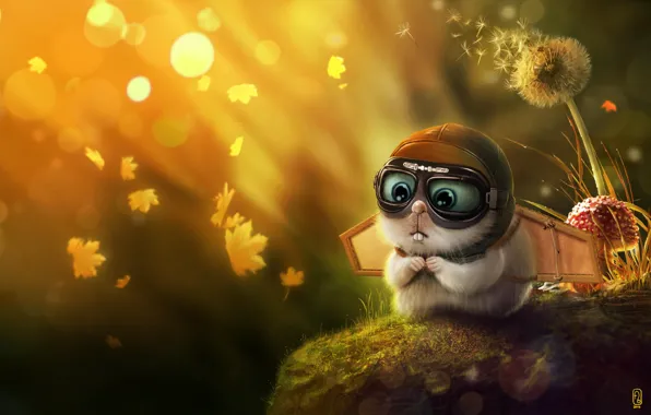 Autumn, leaves, dandelion, wings, hamster, helmet, by Florianne Becker