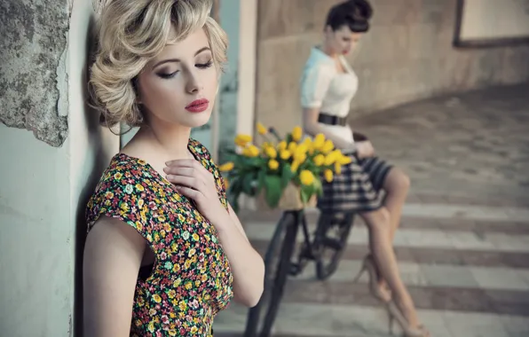 Color, flowers, bike, retro, girls, dress, tulips, hairstyles