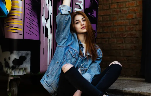 Picture girl, jeans, red, girl, woman, Galina Rover, Galeine Rover