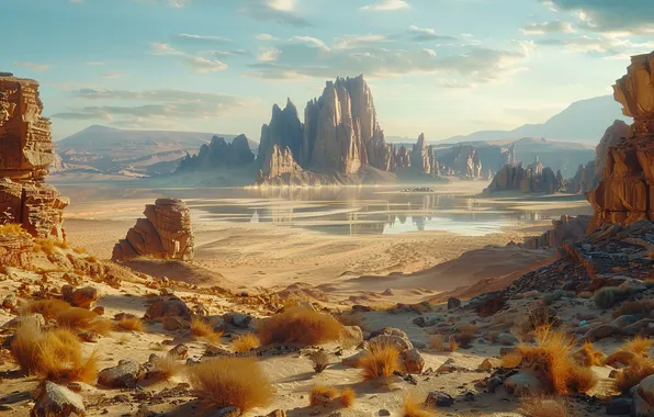 Water, Sand, Mountains, Stones, River, Digital art, AI art, The Art of Artificial Intelligence