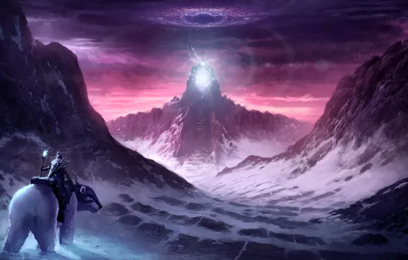 Road, snow, mountains, rocks, the portal, bear, MAG, the gates