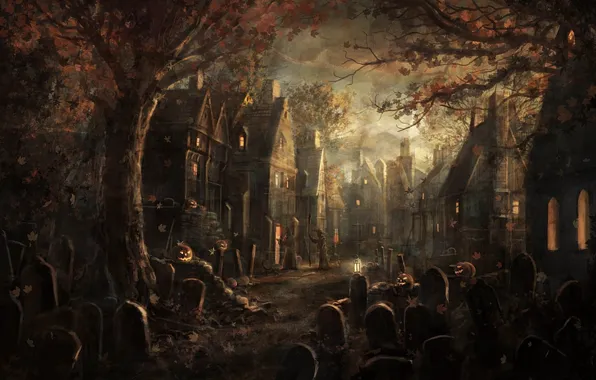 Leaves, trees, graves, village, pumpkin, plate, maple, halloween
