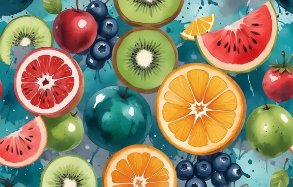 Texture, fruit, different, cuts, imitation of watercolor, AI art, neural network