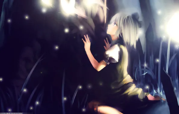 Night, lights, fireflies, magic, touhou, Myon, Konpaku Youmu, Touhou Project