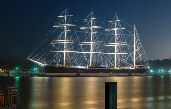 Night, ship, sailboat, backlight