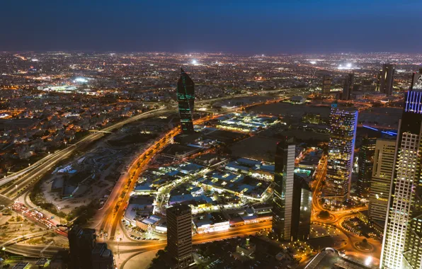 Night, the city, lights, building, lighting, skyscrapers, capital, Kuwait City