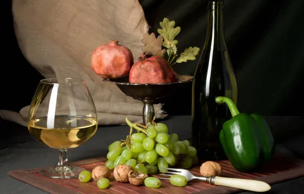 Wine, glass, bottle, grapes, pepper, plug, nuts, still life