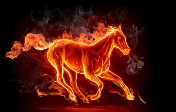 The dark background, fire, horse, smoke