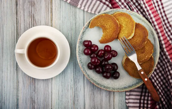 Cherry, berries, tea, Board, towel, plate, Cup, plug
