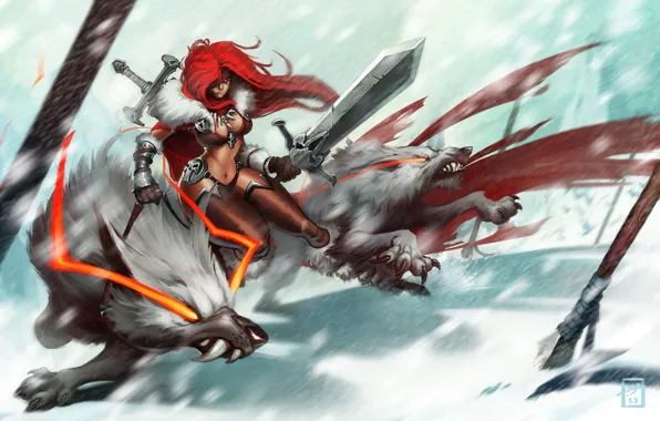 Girl, wolf, sword, battle, claws, fangs, spear, red