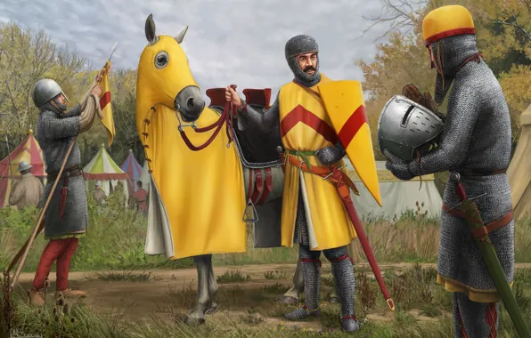 Forest, weapons, horse, armor, warrior, Knight, camp