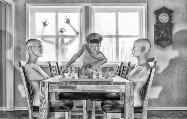 Table, the game, art, mannequins