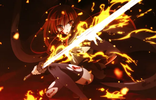 Picture girl, fire, sword, anime, art, shakugan no shana, Shana