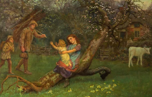 Picture tree, family, calf, Arthur Hughes, Return from work