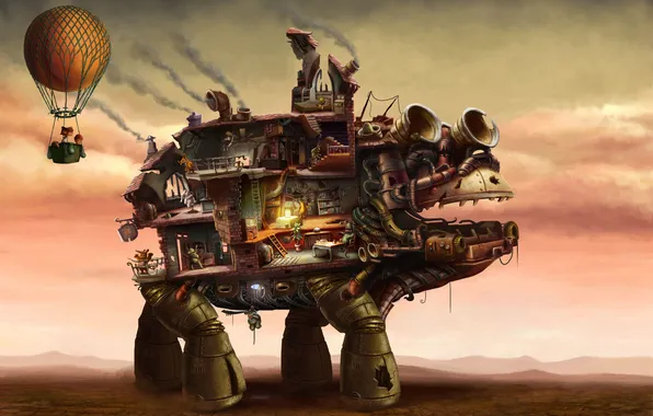 House, balloon, fantasy, fiction, robot, art, creatures, James and Giant Walking House