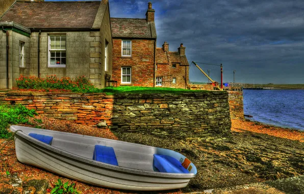 Picture sea, the sky, clouds, boat, home, hdr, the village