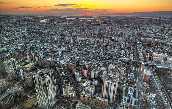 Picture sunset, skyscrapers, Japan, architecture, Osaka