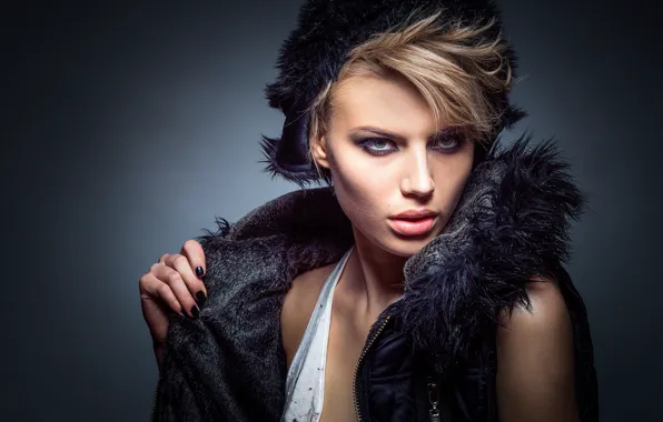 Picture girl, background, hat, portrait, makeup, lighting, jacket, hairstyle