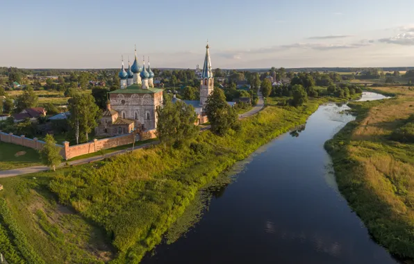 Picture summer, landscape, nature, river, village, Church, Dunilovo, Thesis