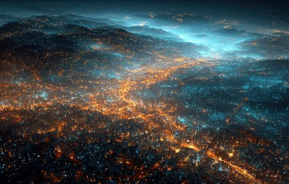 Night, the city, lights, fog, building, haze, megapolis, the view from the top