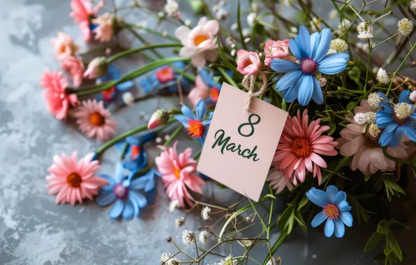 Picture flowers, holiday, spring, figures, March 8, congratulations, postcard, eight