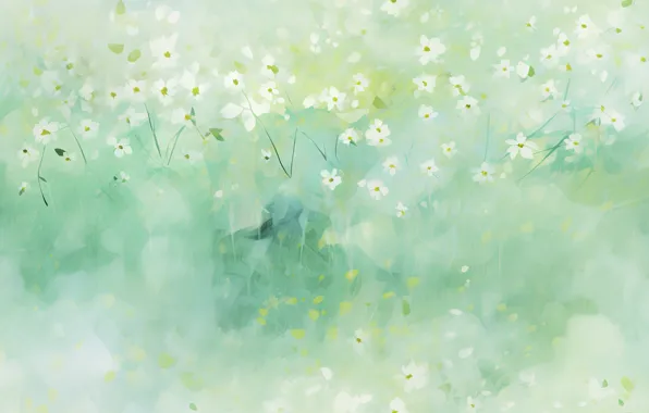 Greens, leaves, flowers, glade, blur, texture, spring, watercolor