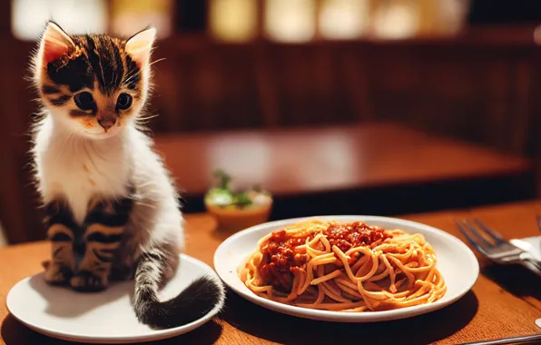 Cat, table, plate, plate, cutie, cat, meow, meow