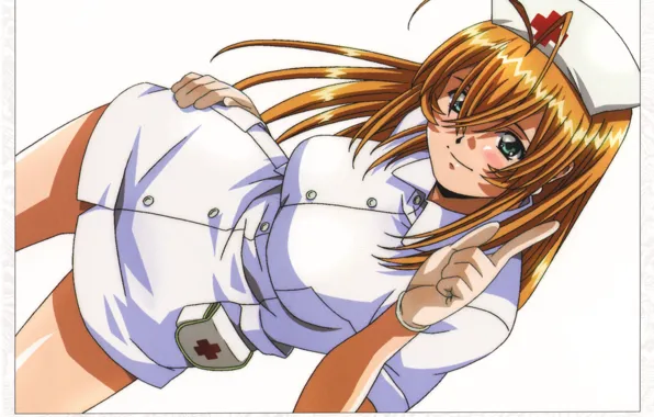 White background, gloves, nurse, gesture, uniform, Bathrobe, bangs, medical bag