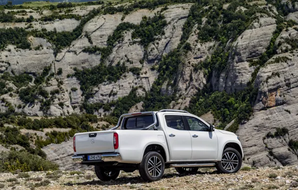 White, mountains, stones, vegetation, Mercedes-Benz, pickup, 2017, X-Class