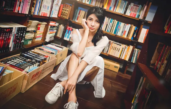 Look, pose, model, books, sneakers, portrait, makeup, dress