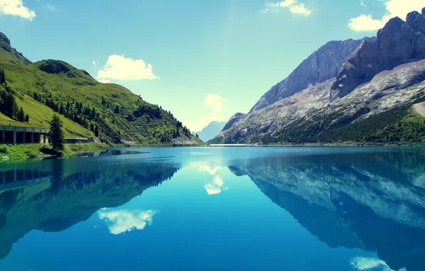 The sky, trees, mountains, lake, reflection, slope