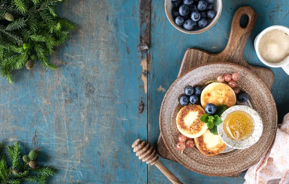 Branches, berries, Board, towel, blueberries, Cup, drink, bowl