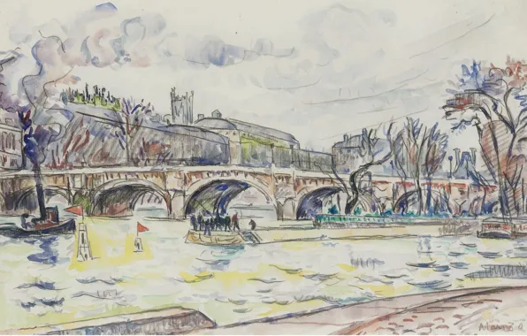 Bridge, the city, river, figure, watercolor, Paul Signac, The Pont-Neuf. Paris, Paul Signac