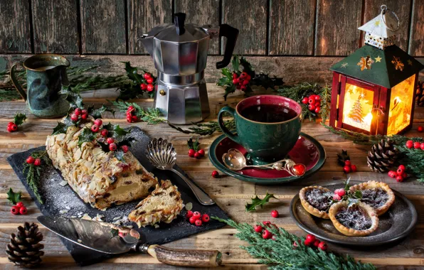 Branches, style, berries, coffee, Christmas, mug, lantern, cake