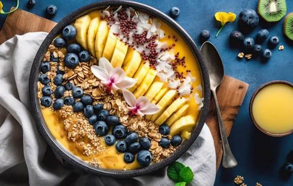 Berries, food, Breakfast, blueberries, bananas, bowl, cutting, digital art
