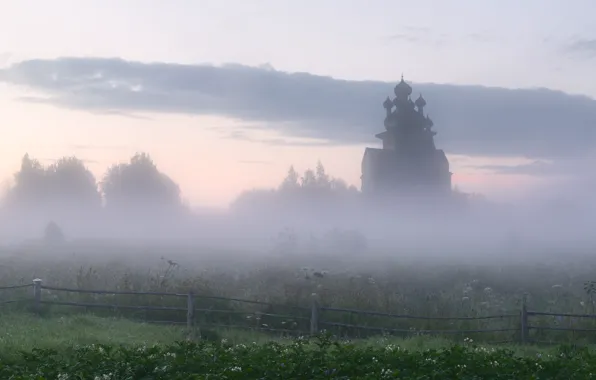 Summer, fog, morning, silhouette, Church, haze, temple, Russia