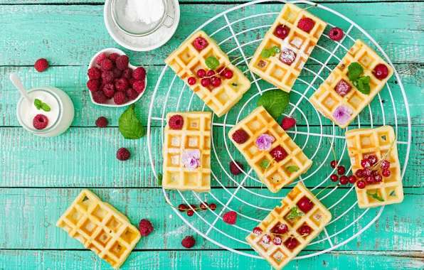 Berries, raspberry, background, blue, Breakfast, wood, waffles, powdered sugar